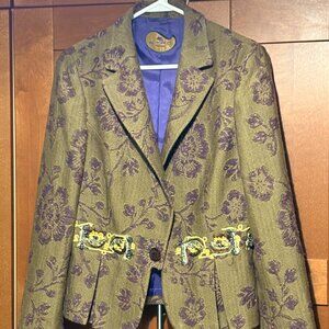 Etro Milano Wool Blend Floral Pattern with Applique Sz 46/10 Purple Brown Jacket